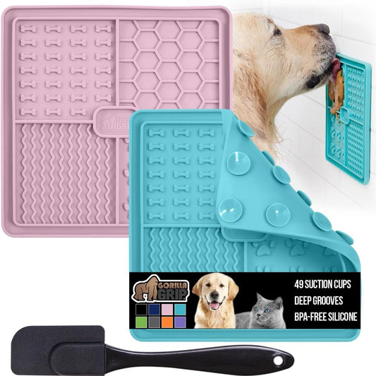 GORILLA GRIP BPA Free Silicone Lick Mat for Dogs, 49 Powerful Grip Suction Cups, Dishwasher and Freezer Safe Flexible Licking Pad for Dog Baths, Cat Grooming, Nail Trimming, Turquoise Pink 2 Pack