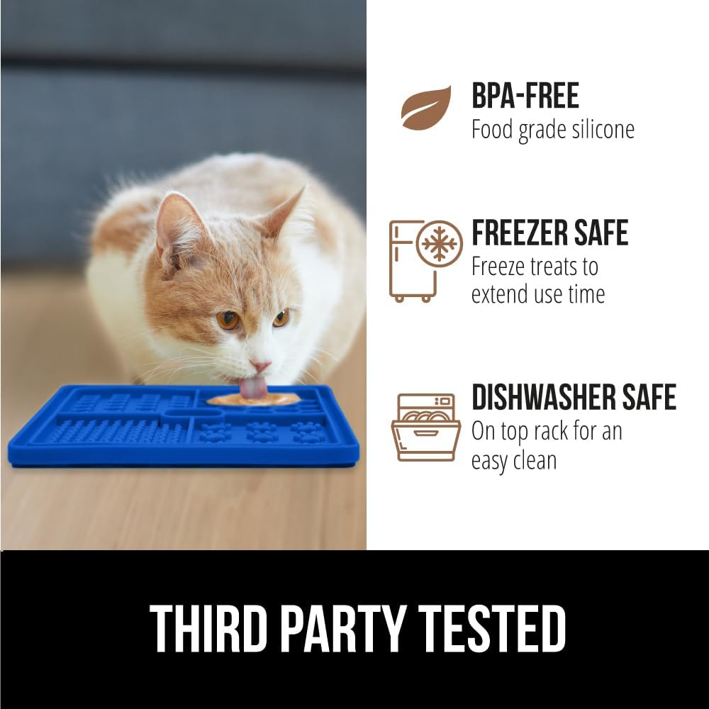 Gorilla Grip Dog and Cat Lick Mat 2 Pack and Silicone Pet Feeding Mat, Interactive Activity Toy Licking Pad 1 Royal 1 Green, 18.5x11.5 in Dog Cat Food Mat Contains Spills Gray Color, 2 Item Bundle