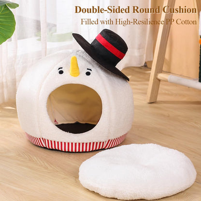 Cute Snowman-Shaped Enclosed Cat Bed Cave - Warm and Cozy Winter Cat Hideaway for Indoor Cats, Funny Christmas Themed Pet House with Washable Mat, All-Season Comfort for Kittens and Small Dogs