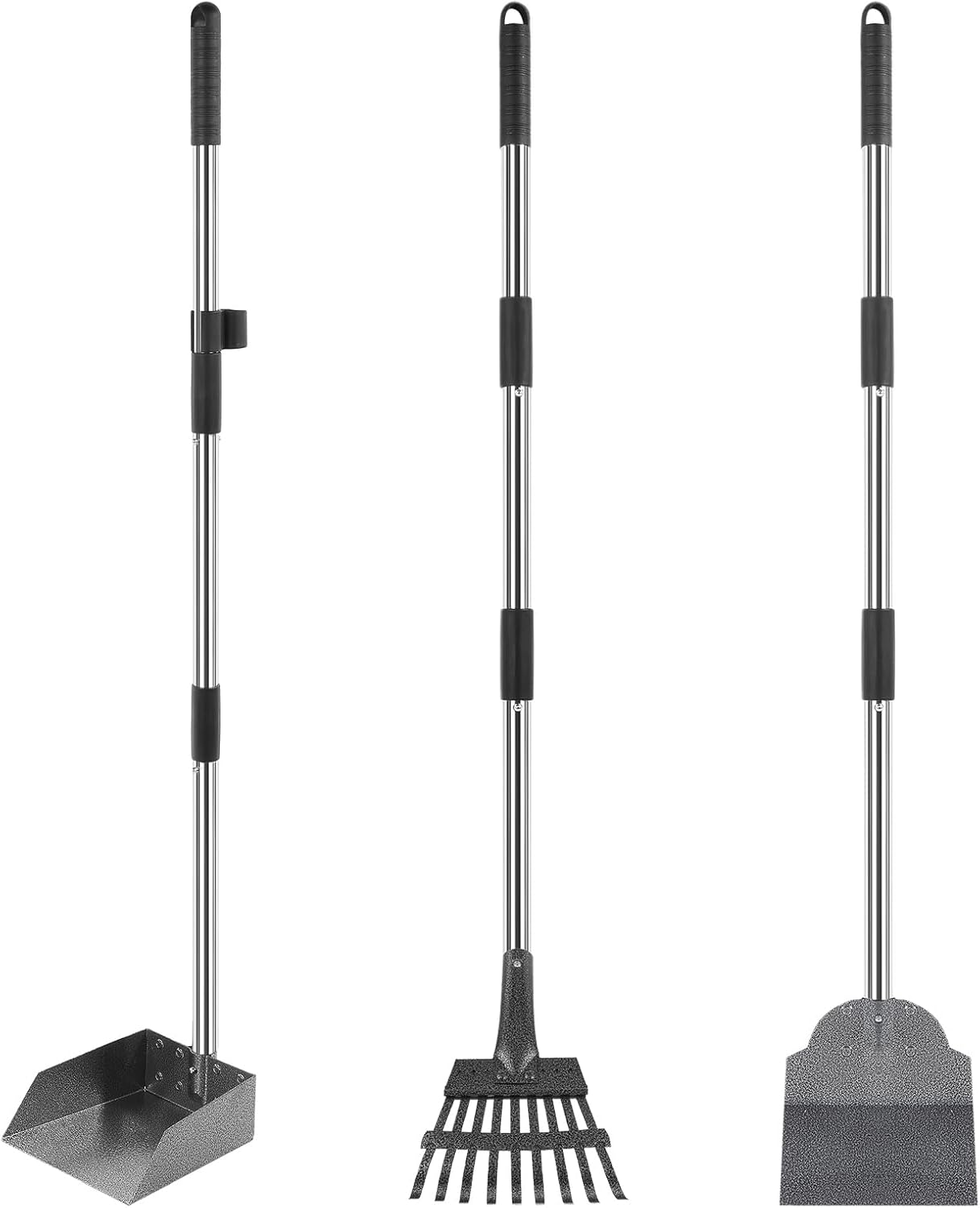 3 Pcs Dog Pooper Scooper Tray Shovel & Rake Kit, Heavy Duty Dog Poop Scooper with Adjustable Metal Long Handle, Portable Large Dogs Poop Picker Upper for Yard, Walks, Grass & Garden Leaves
