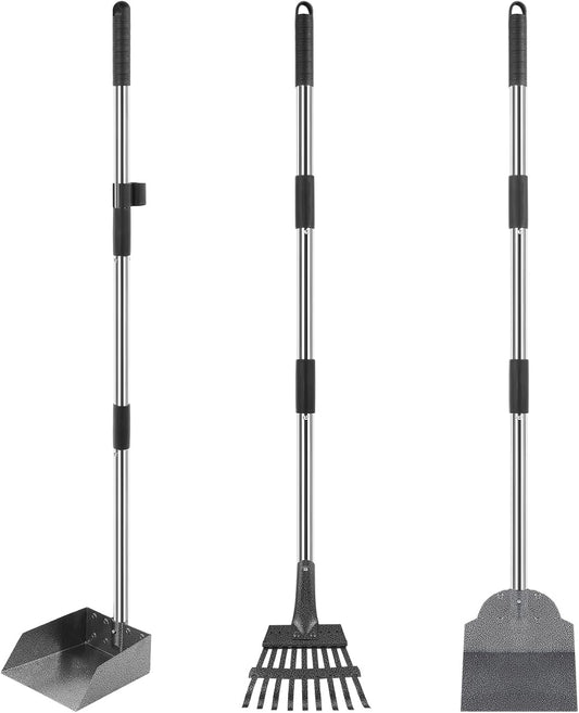 3 Pcs Dog Pooper Scooper Tray Shovel & Rake Kit, Heavy Duty Dog Poop Scooper with Adjustable Metal Long Handle, Portable Large Dogs Poop Picker Upper for Yard, Walks, Grass & Garden Leaves