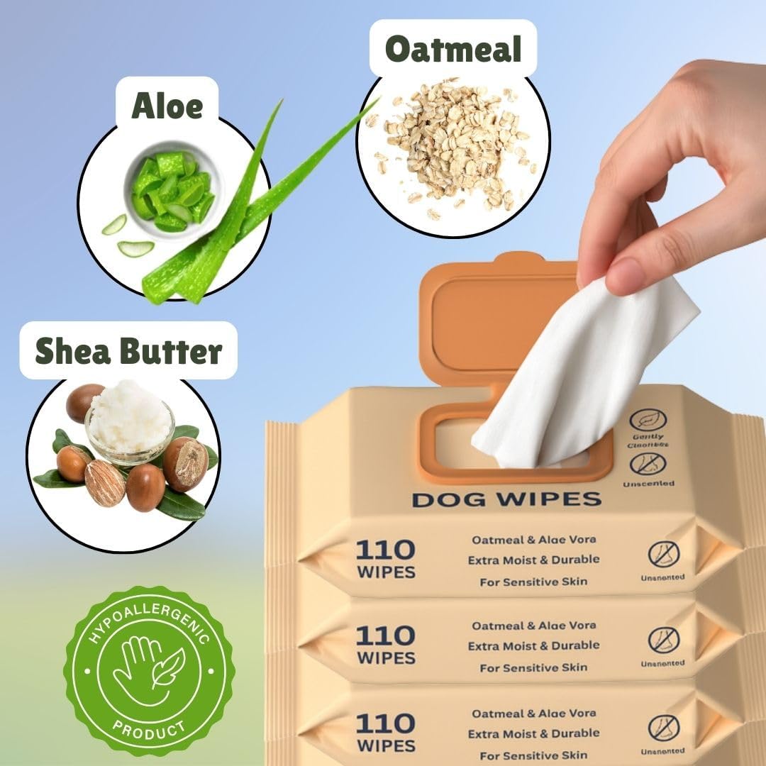 Unscented Pet Wipes for Dogs & Cats, 4×110 (440 Total) + 4 Bonus Gloves – Soothes Itchy, Dry Skin – Extra-Gentle Grooming Wipes for Paws, Ears, Eyes & Sensitive Areas – Hypoallergenic & Alcohol-Free