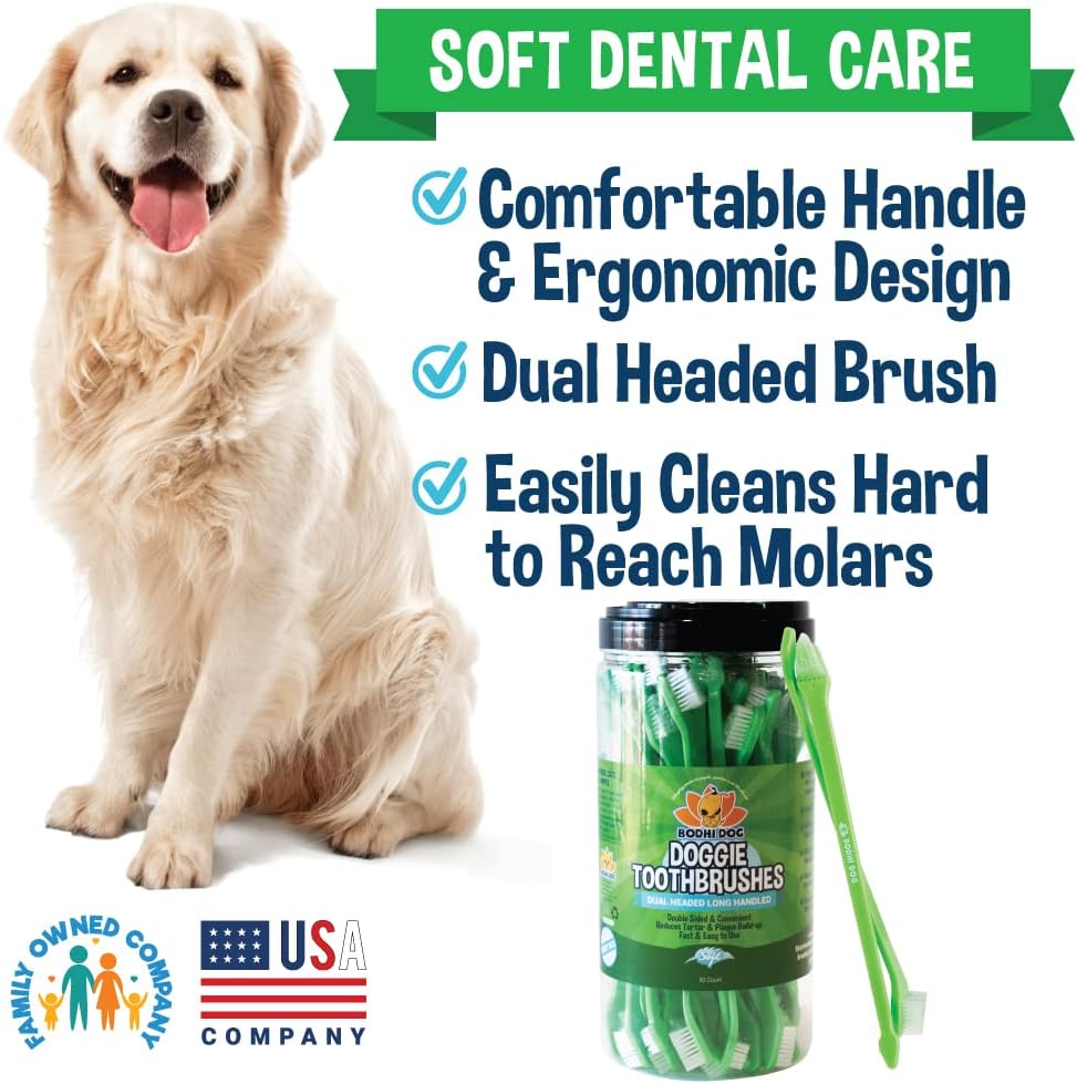 Bodhi Dog Dual-Headed Toothbrush for Dogs & Cats - Soft Bristles for Gentle Pet Dental Care - Puppy & Adult Teeth Cleaning - Easy-to-Use Design for Healthy Gums & Fresh Breath (50 Count)