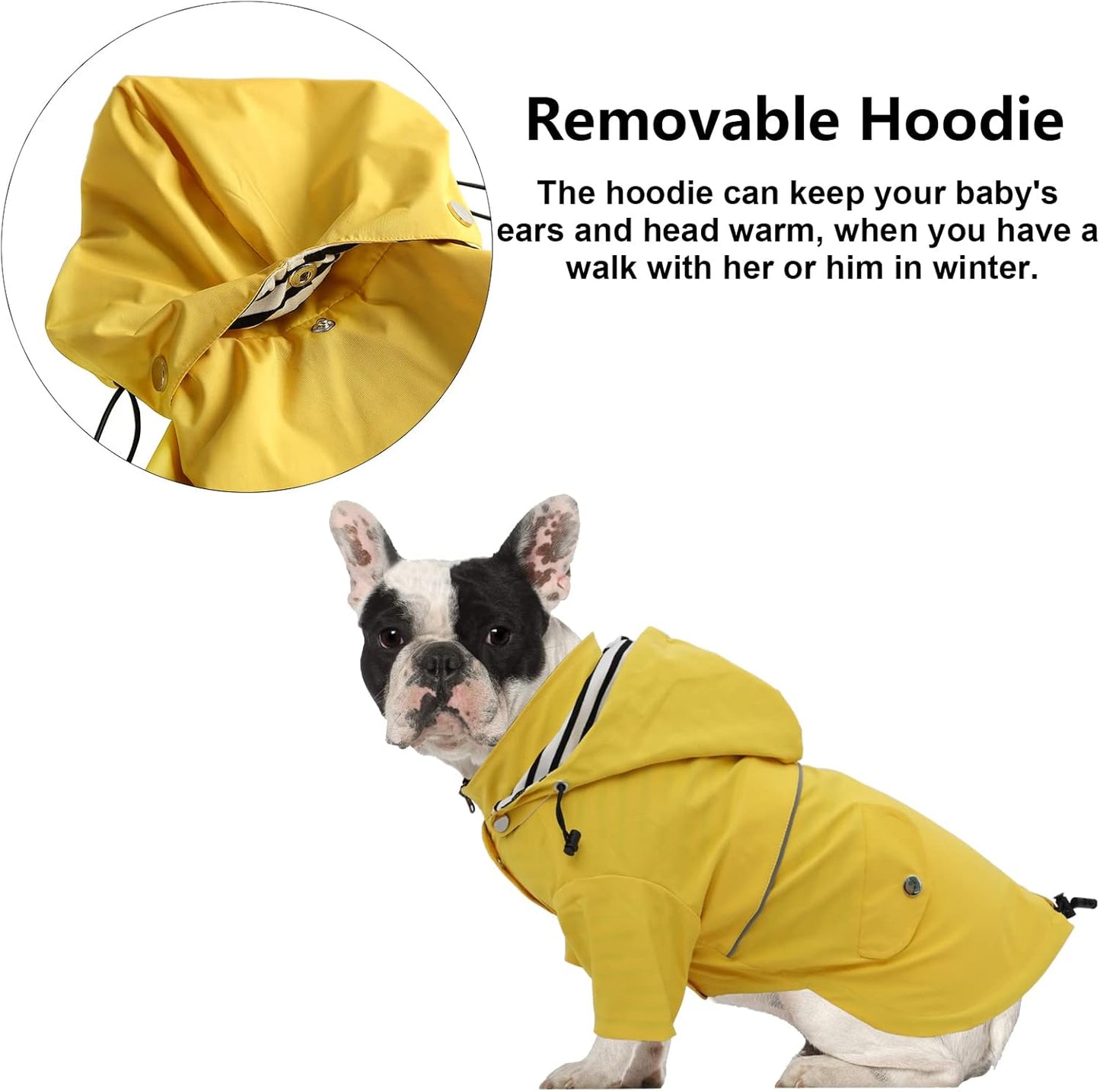 Dog Zip Up Raincoat with Reflective Buttons, Rain/Water Resistant, Adjustable Drawstring, Removable Hood, Raincoats with Legs 8lbs to 80lbs Available - Yellow - Medium