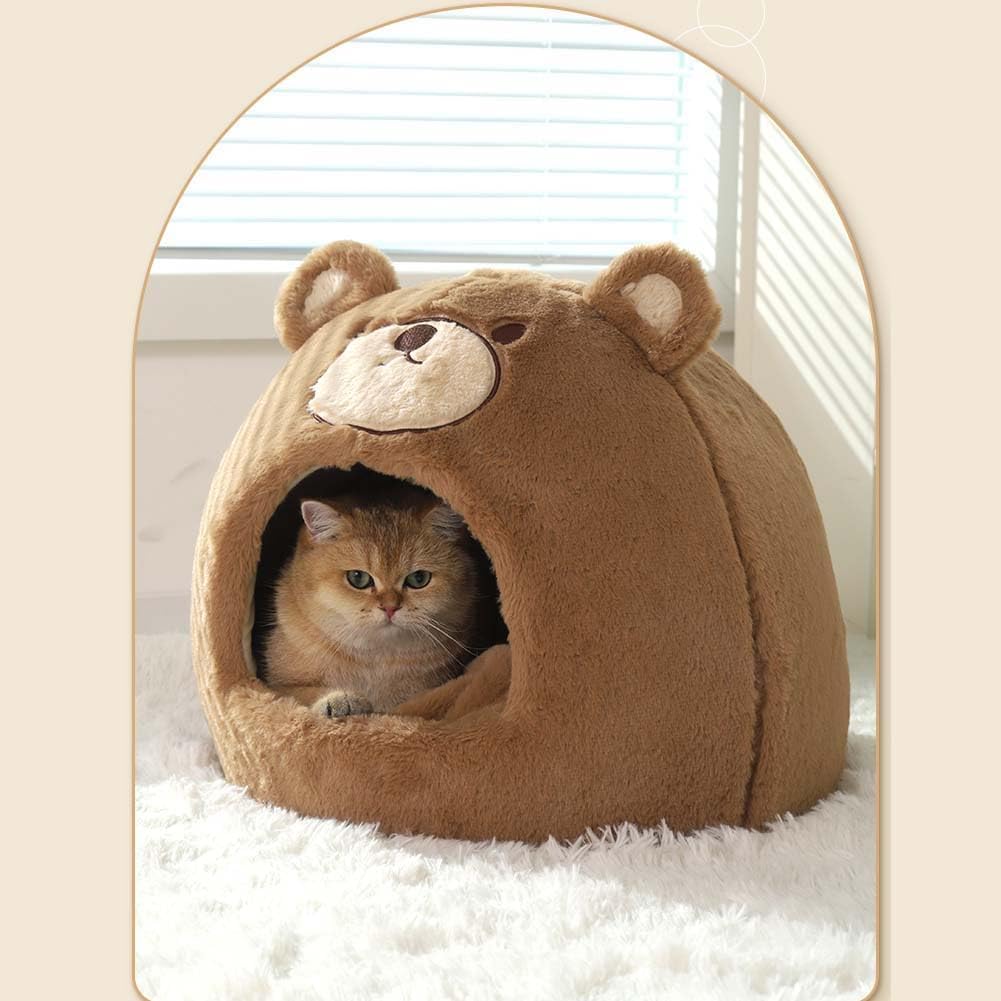 Cat Beds for Indoor Cats - Cute Cat Bed Cat Cave Bed ，Soft Calming Pet Bed with Removable Washable Cushioned Pillow，Cat Hideaway for Kitten&Puppy,Small Dog (Bear，S)
