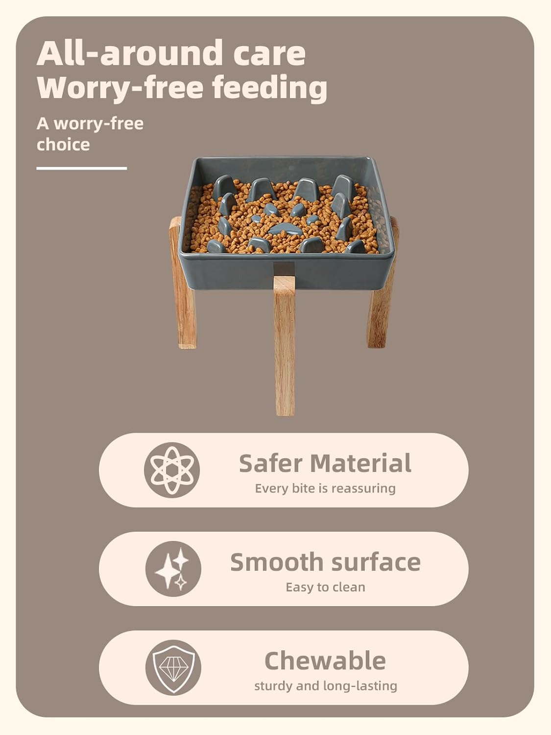 GDCZ Dog Slow Feeder Bowls, Square Ceramic Pet Food Bowl for Medium Breed, Fun Dog Bowls to Slow Down Eating (Grey, M-1.8 Cups+Stand)