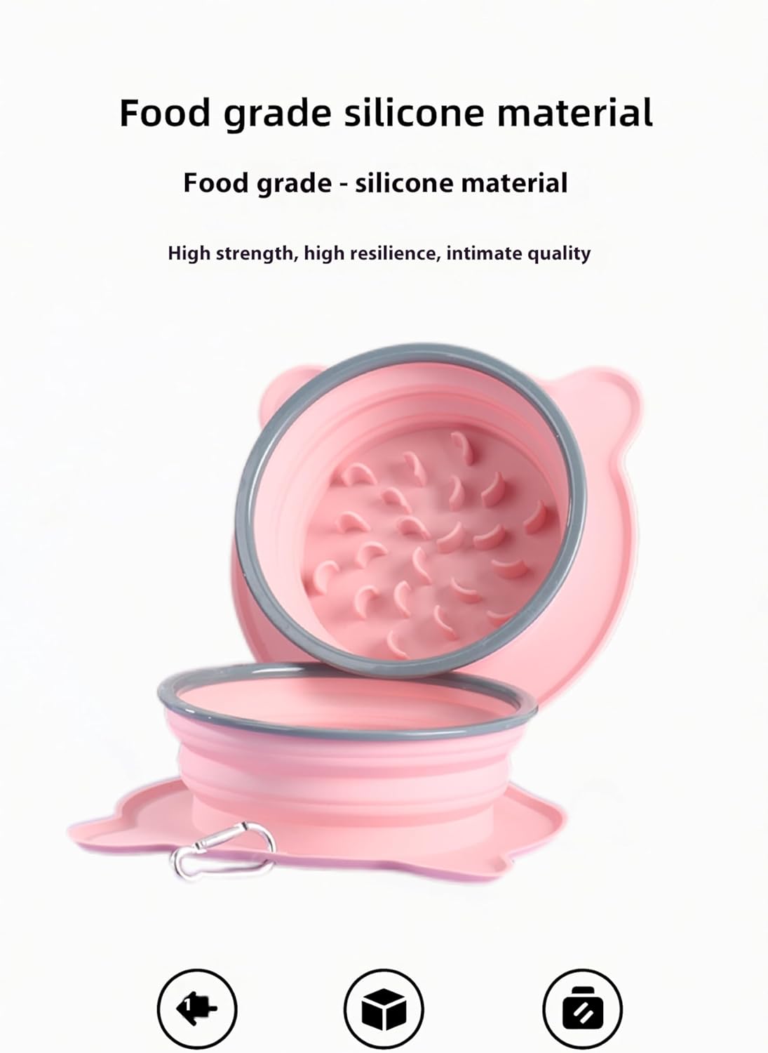 Portable Collapsible Dog Bowl, 2-in-1 Double-Sided Slow Feed Pet Dish with Non-Slip Base & Carabiner, for Hiking, Camping, Travel (Gray)