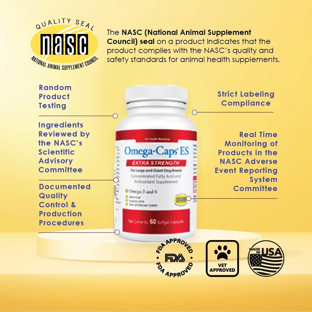 Omega Caps ES Extra Strength for Large and Giant Dogs Omega-3 and Omega-6 Fatty Acid Antioxidant Supplement Vet Formulated Made in USA Skin Coat Joint Heart and Immune Health 60 Softgel Capsules