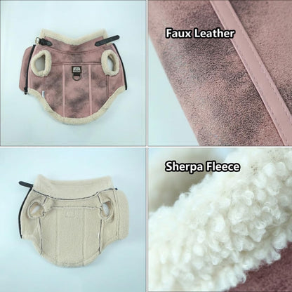 Retro Aviator Dog Jacket – Faux Leather Winter Coat with Plush Sherpa Fleece Lining for Dogs, Pilot Style Costume for Extra Large Puppies, Bomber Windbreakers for Boy & Girl Doggie, Pink XXL