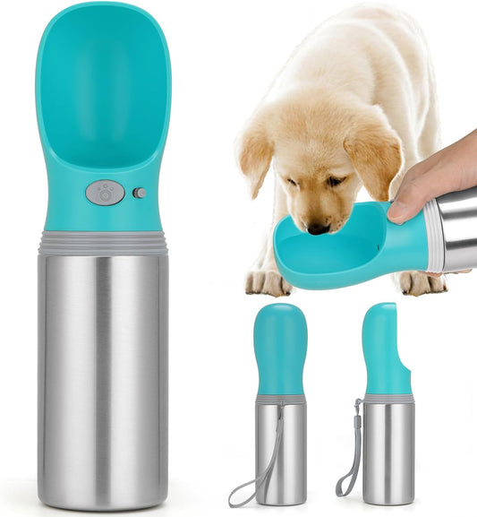 Portable Dog Water Bottle, 14 OZ, Stainless Steel Leak Proof Puppy Water Dispenser with Drinking Feeder for Pets Travel, Walking, Hiking and Outdoor Activities