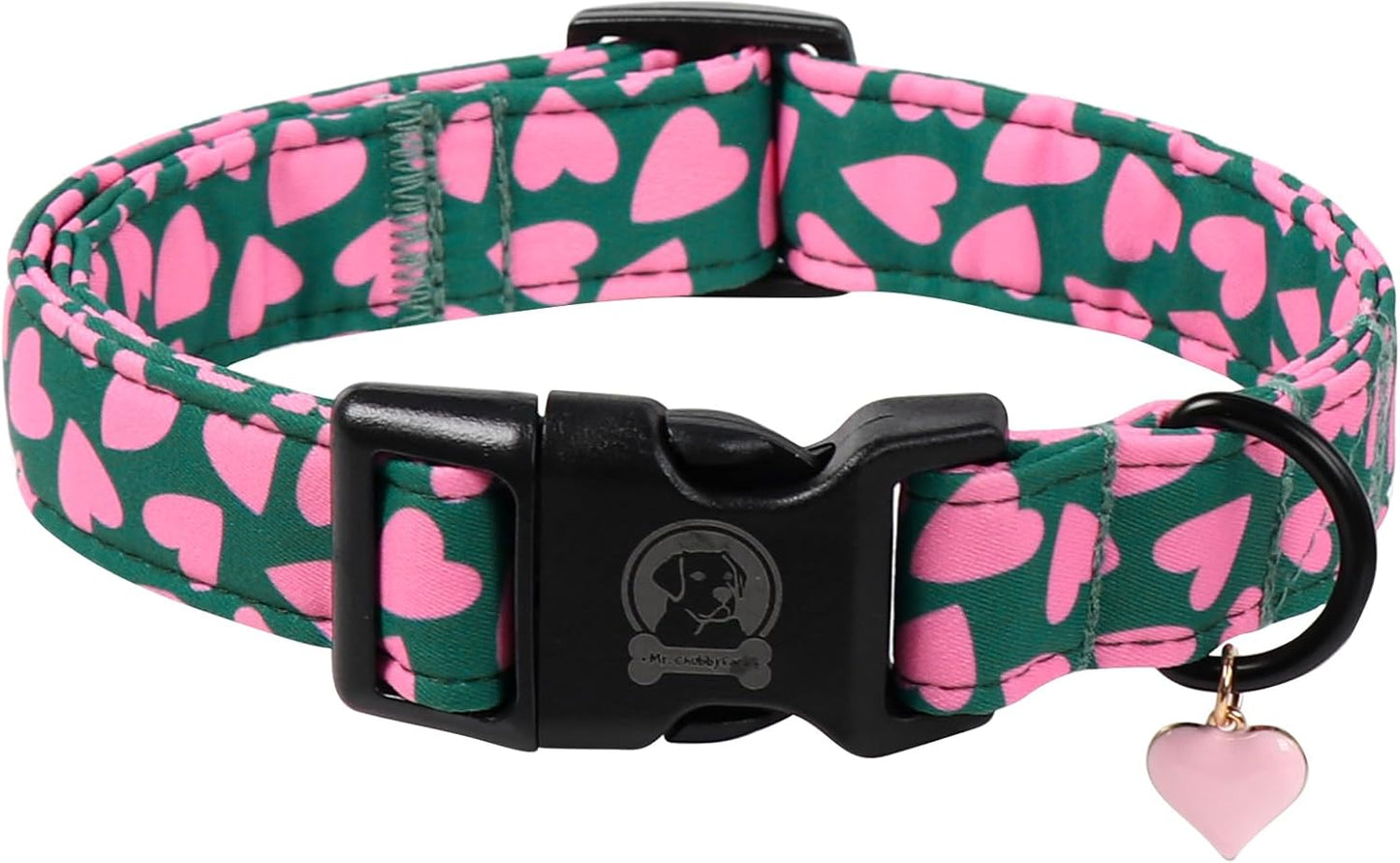 Valentines' Green Dog Collar, Cute Pink Heart Puppy Collar, Adjustable Female or Male Cotton Pet Collar, Quick Release Buckle for Small Medium Large Dog