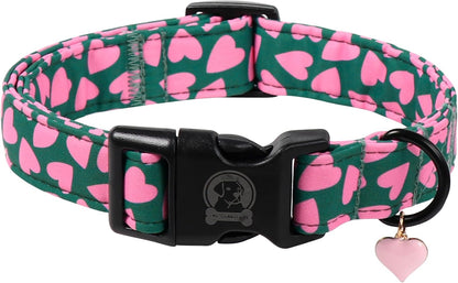 Valentines' Green Dog Collar, Cute Pink Heart Puppy Collar, Adjustable Female or Male Cotton Pet Collar, Quick Release Buckle for Small Medium Large Dog