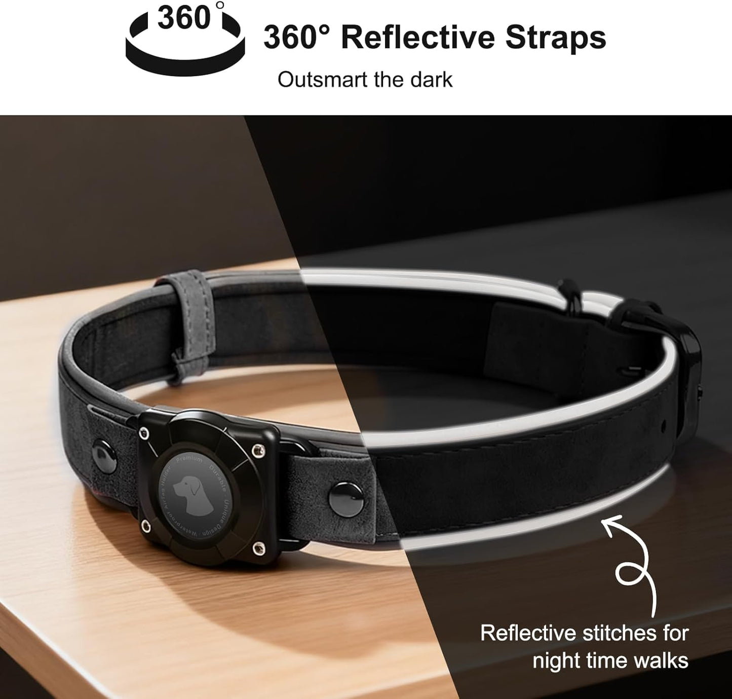Leather AirTag Dog Collar - IPX8 Waterproof Dog Collar with AirTag Holder|Reflective, High - End, Adjustable Soft Padded |Dog GPS Collar Tracker Fit for Medium Large Dogs (Black, XL)