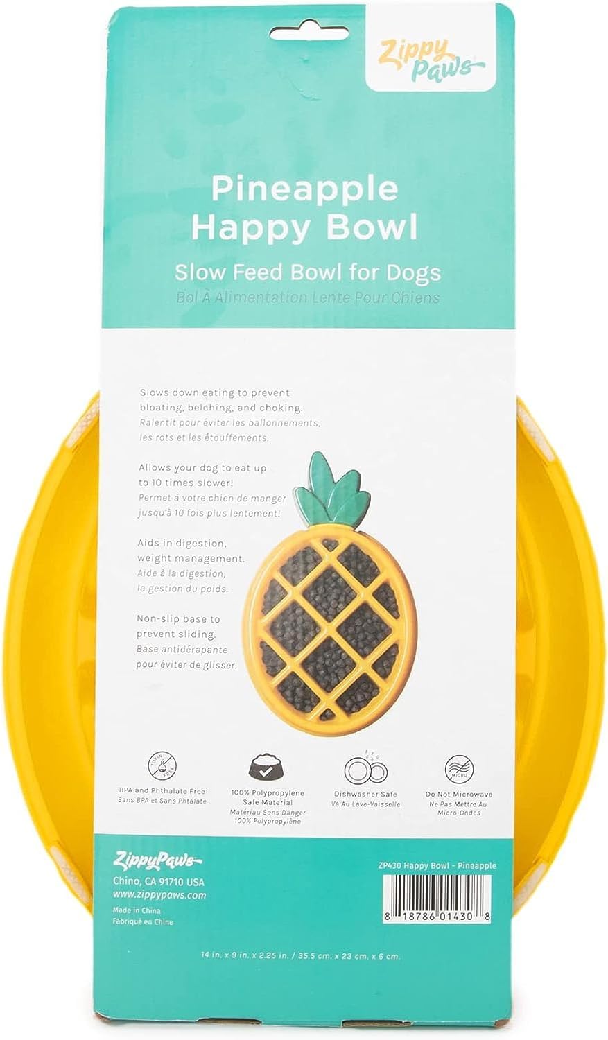 ZippyPaws Happy Bowl Slow Feeder Bowls for Dogs, Puzzle Dish for Pet Food to Slow Eating, Pineapple