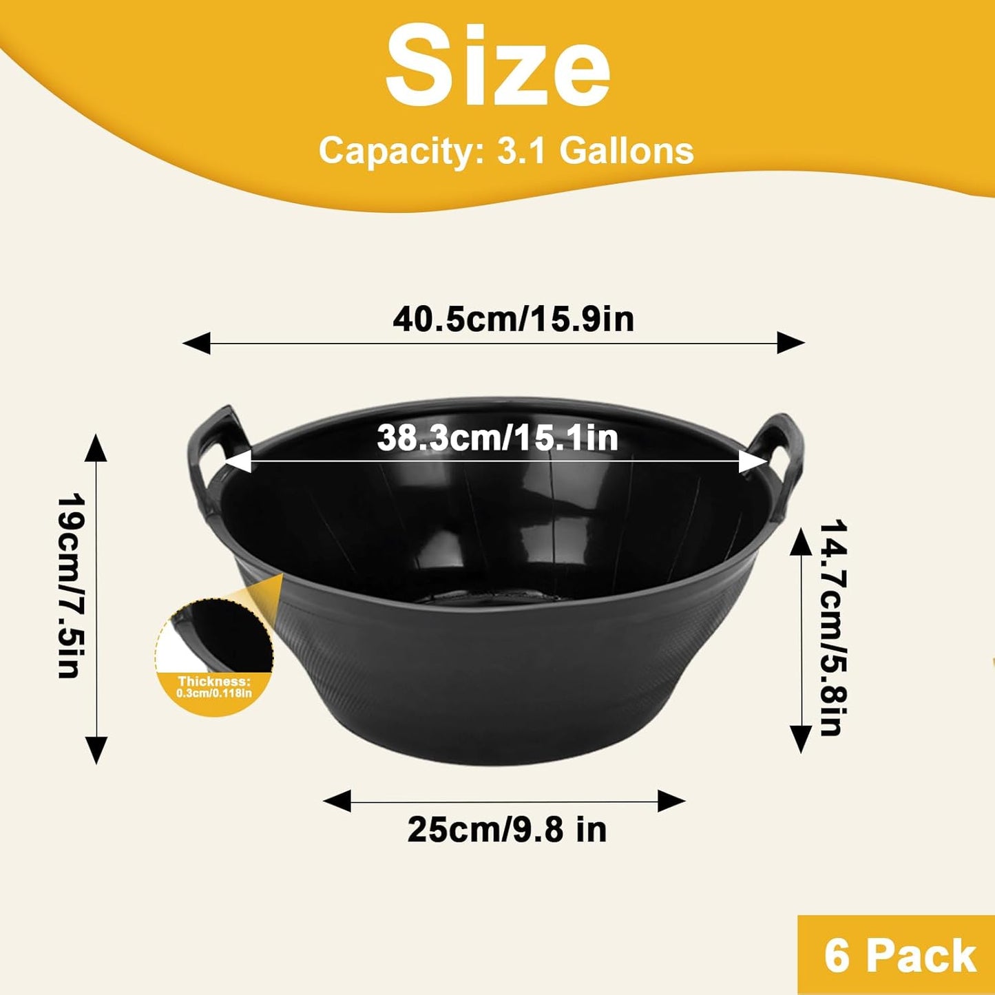 6Pcs Rubber Feed Pan with Handle, 3 Gallon / 12 Quart Rubber Feed Pan Utility Horse Feed Bucket for Cats Dogs Goats Chicken Dust Bath Container Animal Feeding Watering Bowl