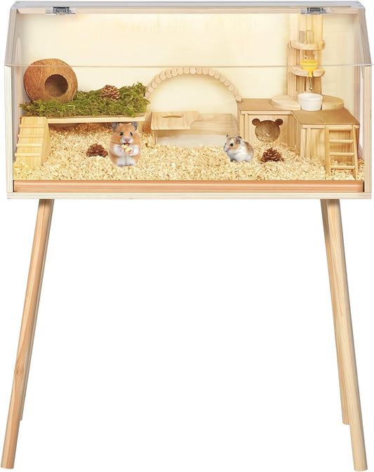 Chew-Proof Acrylic Window & Openable Top - Wooden Hamster Cage with Legs - Spacious Small Animal Habitat for Dwarf Syrian Hamsters, Gerbils, Rats, Guinea Pigs, Chinchillas - Size: 81.28×40.64×101.60cm