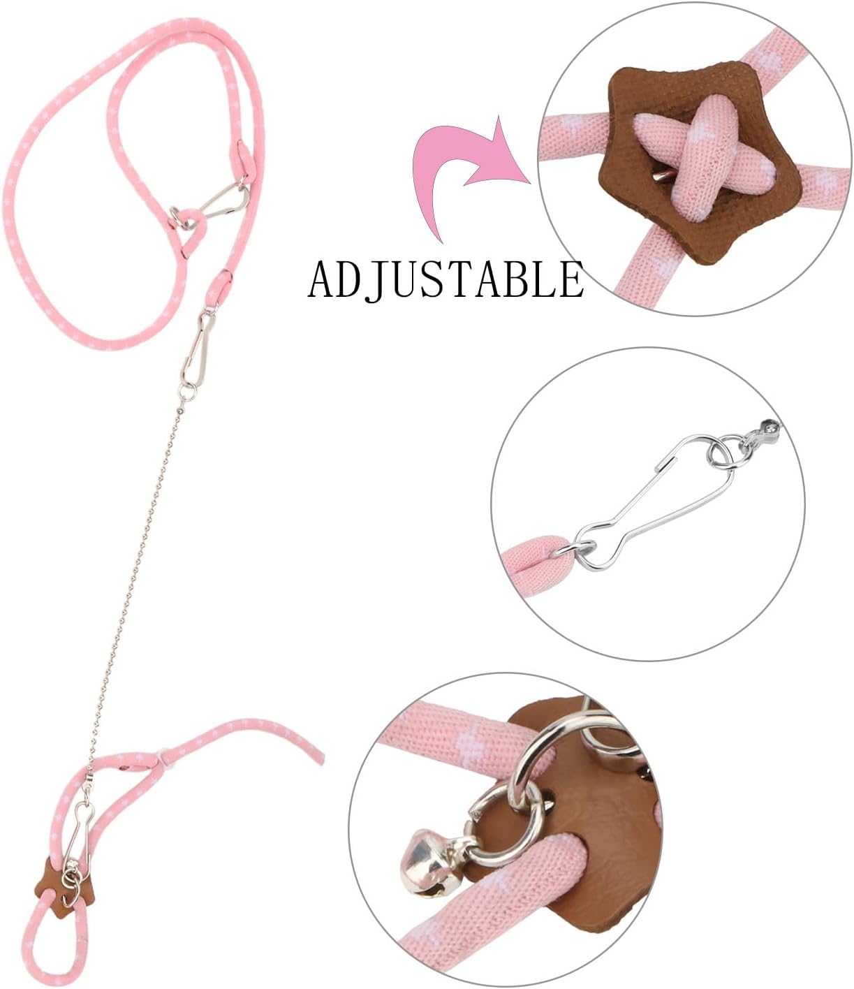 Hypeety Hamster Adjustable Training Lead Leash Nylon for Hamster Rat Squirrel Gerbil Pet Cage Playhouse Leashes Band Finder Collar Bell (Pink)