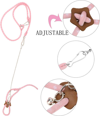 Hypeety Hamster Adjustable Training Lead Leash Nylon for Hamster Rat Squirrel Gerbil Pet Cage Playhouse Leashes Band Finder Collar Bell (Pink)