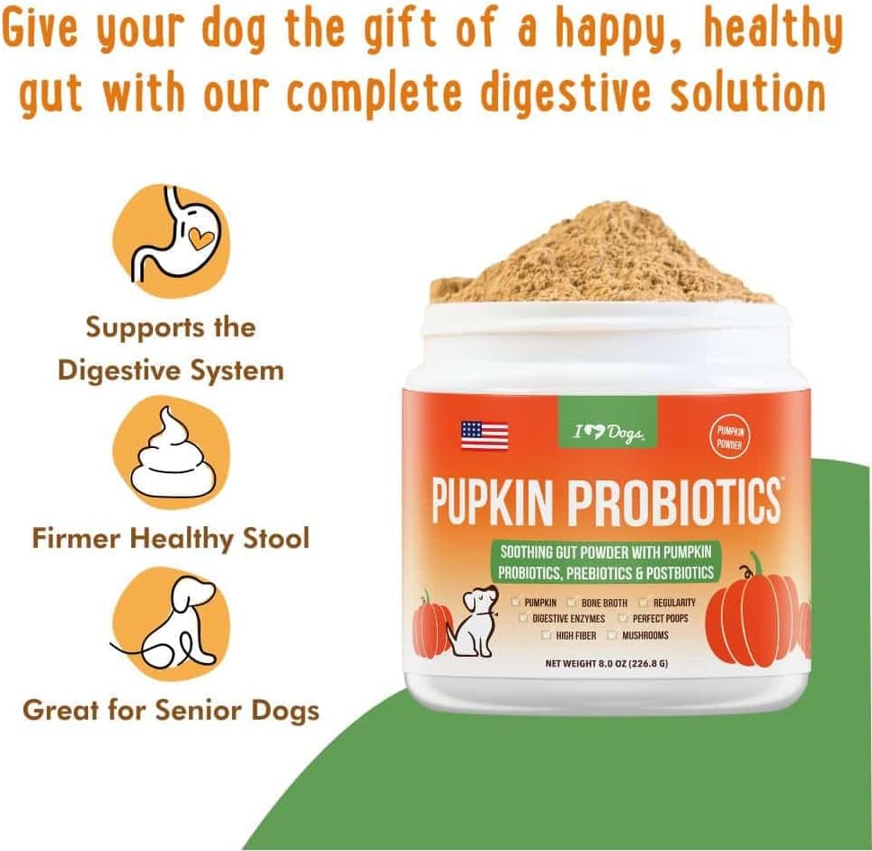 iHeartDogs Pupkin Probiotics, Prebiotics, & Postbiotics for Dogs with Pumpkin, Gut Soothing Bone Broth & Mushrooms - 30 Scoops