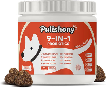 Probiotics for Dogs -Digestive Enzymes for Gut Flora, Digestive Health, Diarrhea & Bowel Support -9 in 1 Probictics- Dog Supplement Soft Chew for Pet Immune System - Chicken-（90Count）