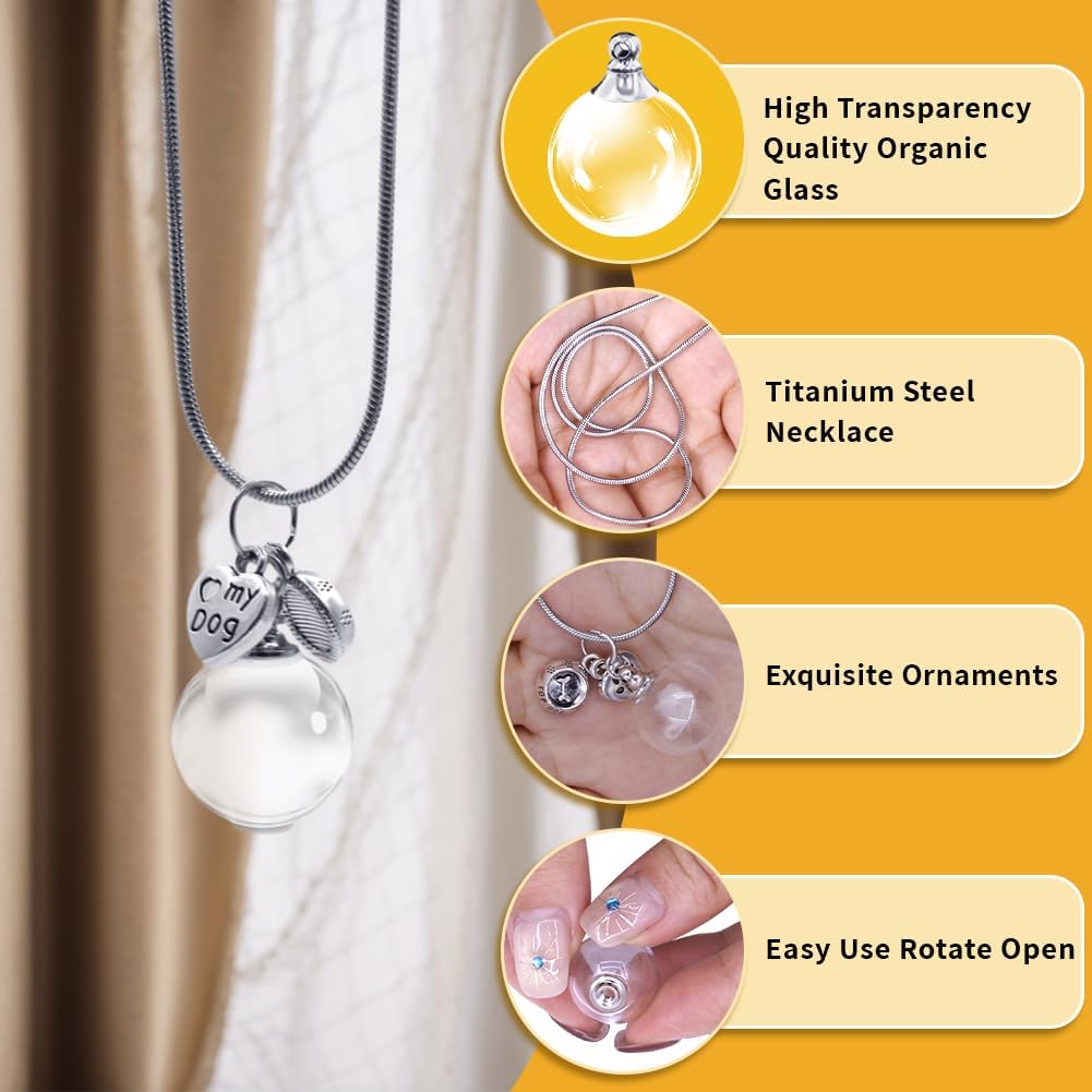 Dog Fur Memorial Necklace Pet Hair Mini Glass Ball Keepsake with Love Pendant Stainless Steel Chain Small Urn Handmade Jewelry DIY Gift for Dog Lover(Silver)