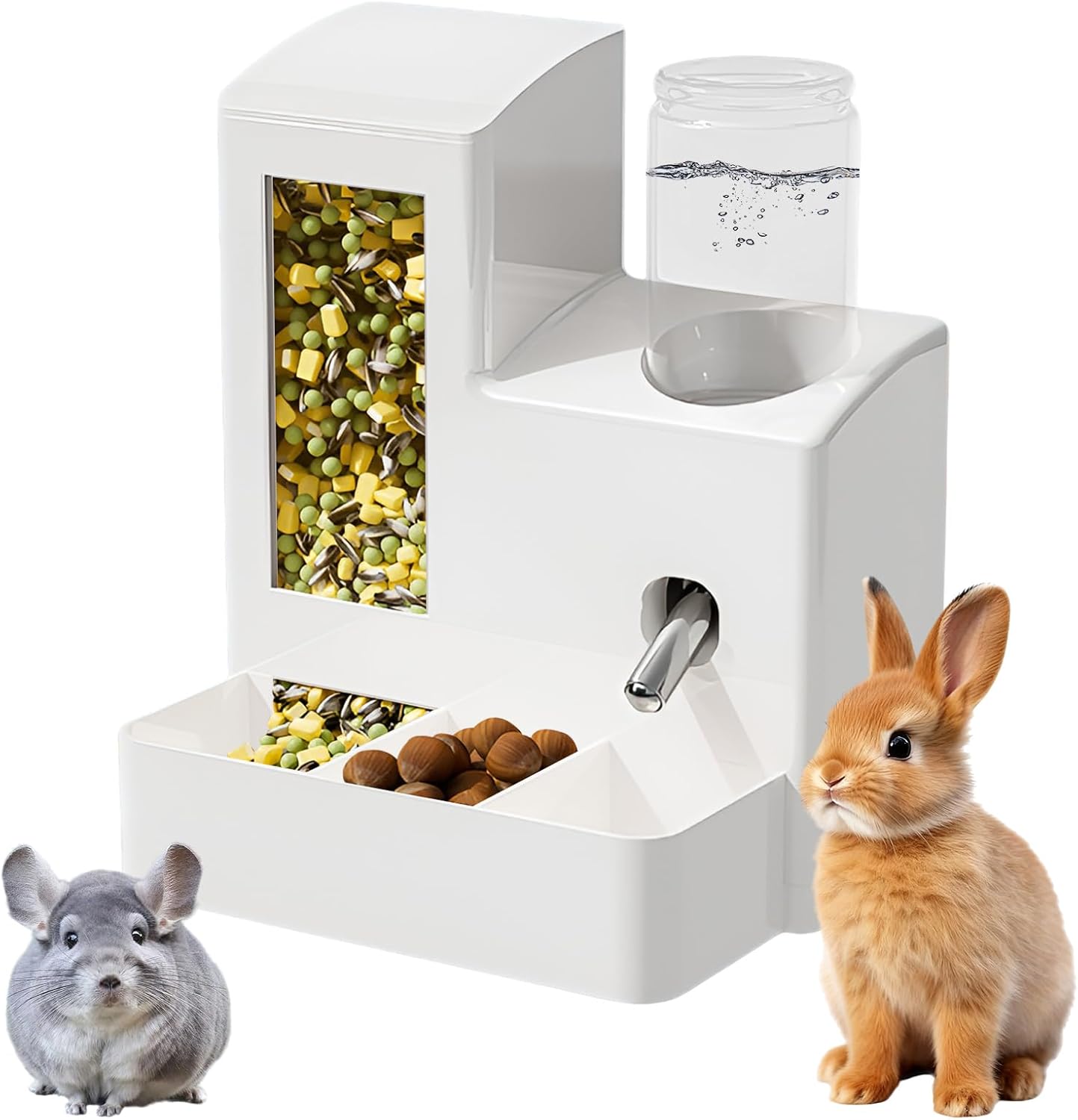 2 in 1 Guinea Pig Food Water Dispenser, Rabbit Water Bottle Leak-Proof, 2 in 1 No-Drip Automatic Dispenser for Guinea Pig Cage, Chinchilla, Ferret, Hamster Small Animal Waterer (White, 2 in 1)