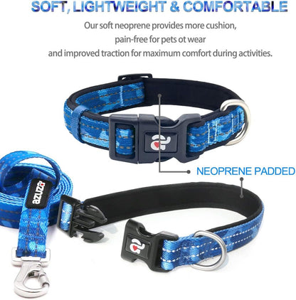 azuza Reflective Dog Collar and Leash Set with Airtag Holder, Blue Camo Padded Collar with Matching Clip Handle Leash for Small Dogs