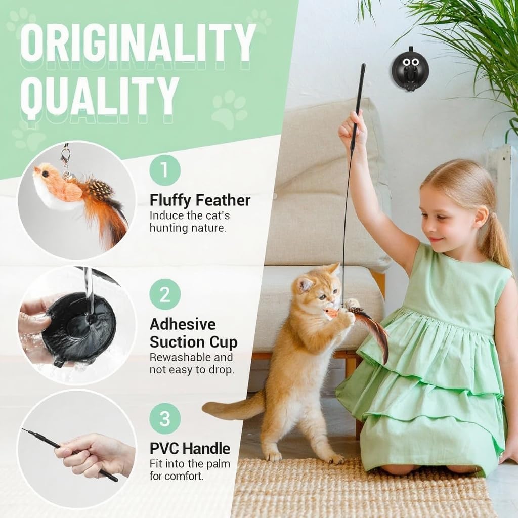9 Pcs Interactive Cat Feather Toys for Indoor Self Play & Exercise, Cat Wand Toy, 2 Play Modes Kitten Teaser Wand, Reusable Suction Cup Kitten Toys