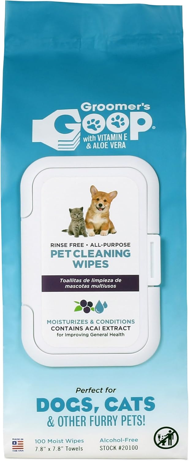 Groomer’s Goop Pet Cleaning Wipes – Gentle, Alcohol-Free Formula with Acai Extract for Dogs & Cats, Safely Cleans & Deodorizes Fur, Supports Skin Health, Great for Puppies & Kittens – 100 Count Pack