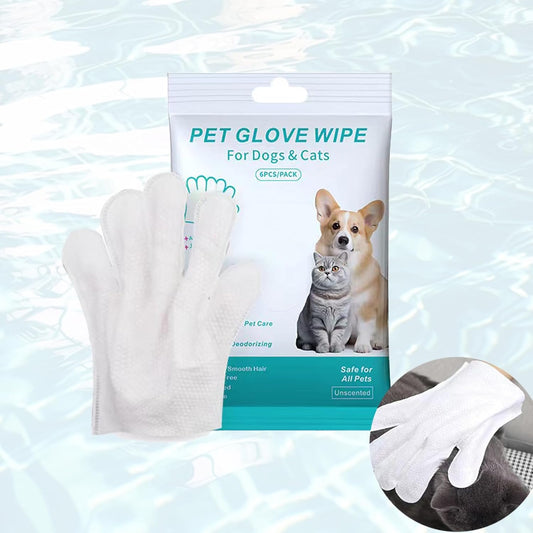 Pet Bathing Wipes for Dogs & Cats, Cleaning & Deodorizing Grooming Gloves, Nourish Fur Glove Wipes for Daily Care and Traveling, Rinse Free，6 PCS, white