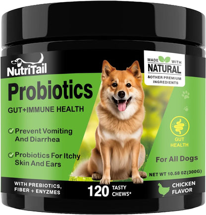 Probiotics for Dogs – Digestive & Immune Support Soft Chews with Prebiotics, Fiber & Enzymes – Relieves Diarrhea, Gas & Itchy Skin – Chicken Flavor Dog Supplement, 120 Chews