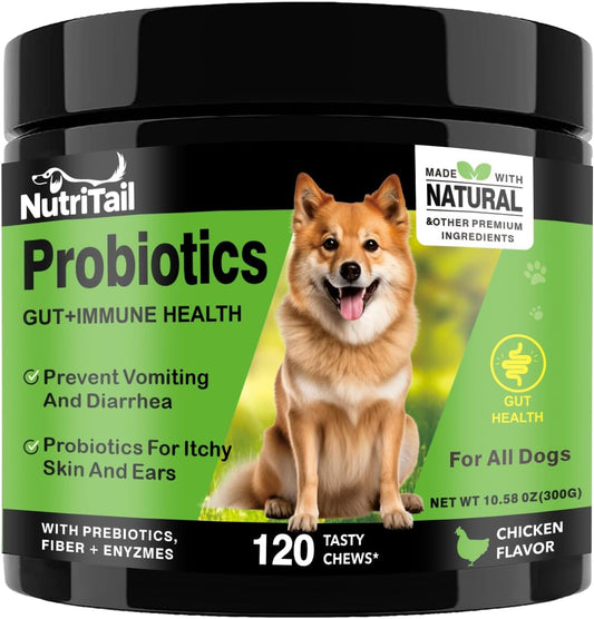 Probiotics for Dogs – Digestive & Immune Support Soft Chews with Prebiotics, Fiber & Enzymes – Relieves Diarrhea, Gas & Itchy Skin – Chicken Flavor Dog Supplement, 120 Chews