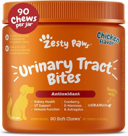 Zesty Paws Cranberry Supplement for Dogs - Bladder Control for Dogs - Urinary Tract Support - Cranberry Chews - Immune & Gut Support - Chicken - 90 Count