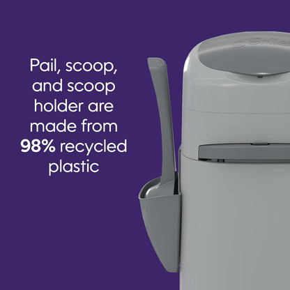 Litter Genie Design Pail Includes a Refill That can Last up to 2 Months, a Scoop, and a Scoop Holder.