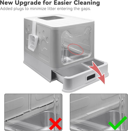 Stainless Steel Litter Box, Foldable Enclosed Cat Litter Box with Lid, Large Top Exit Design with Pull-Out Drawer & Scoop, Easy Clean Odor Control -Light Grey