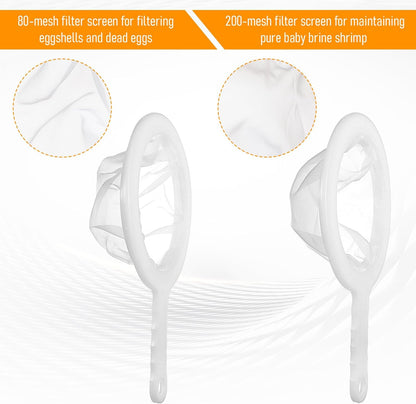 2 PCS Baby Brine Shrimp Net Sieve, 80 Mesh 200 Mesh Kit, Small Fish Aquarium Net for Brine Shrimp Hatchery, Fry Eggs for Hatching Baby Fish Separator