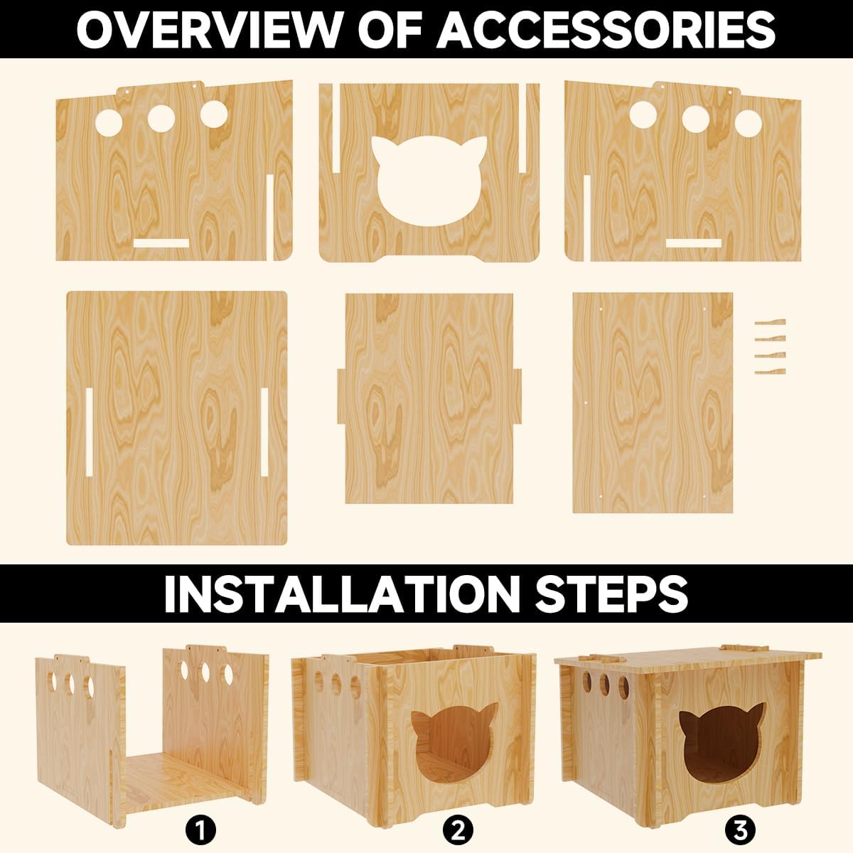 Pinewood Cat House, Wooden Bunny Rabbit Cat Hutch Outdoor Pet Cage Shelter Feral Cat House, Small Pet House and Habitats，Easy to Assemble