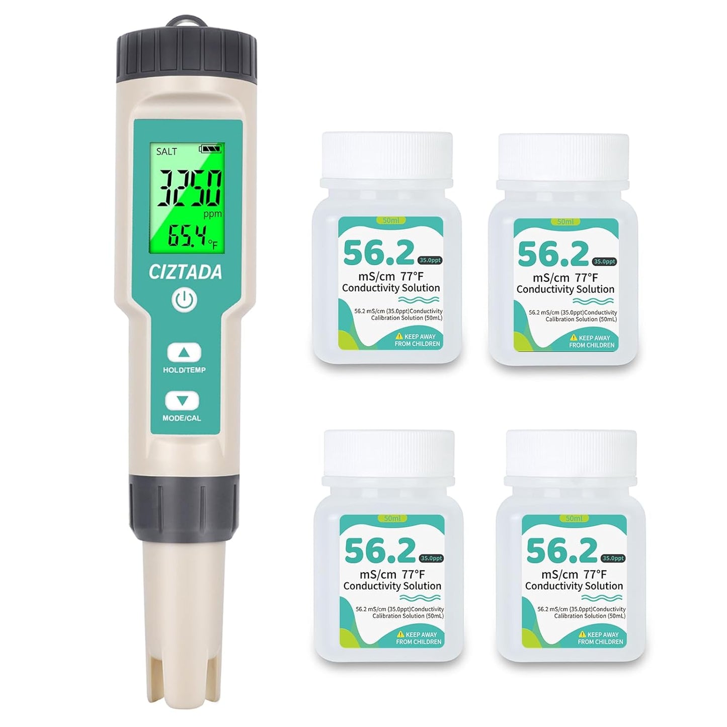 Digital Salinity Tester and 56.2mS/cm(35.0 PPT) Calibration Solution Combo for Saltwater Pool, Seawater, Aquarium, Fish Tank