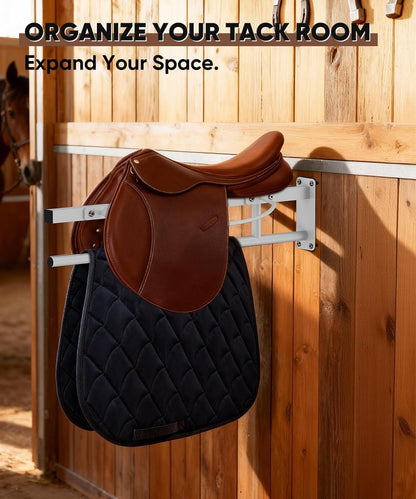 Queension Wall Mounted Saddle Rack with Pad Bar, Heavy Duty Horse Saddle Stand with for English & Western Saddles, Saddle Pad Rack for Horses Blanket, Tack Storage, White