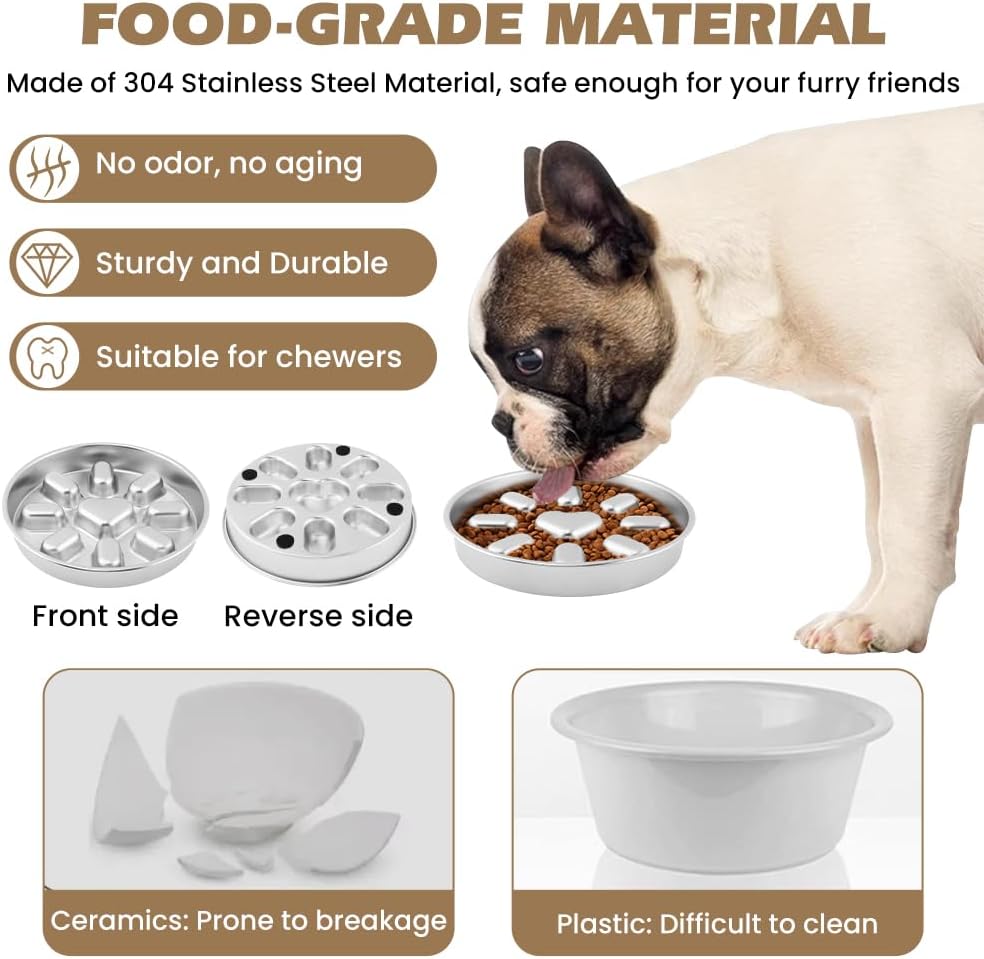 Slow Feeder Dog Bowls with Measuring Spoon, Stainless Steel Slow Feeder for Small & Medium Dogs, Non-Slip Silicone Base Pet Bowl for Fast Eaters, Anti-Gulping Dog Bowl(COLOR:silver)
