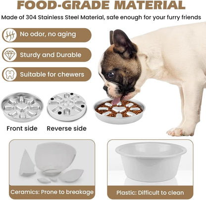 Slow Feeder Dog Bowls with Measuring Spoon, Stainless Steel Slow Feeder for Small & Medium Dogs, Non-Slip Silicone Base Pet Bowl for Fast Eaters, Anti-Gulping Dog Bowl(COLOR:silver)