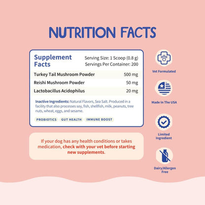 Fifth & Fido Probiotics for Dogs - Turkey Tail Mushroom Powder - Lipoma Treatment for Dogs - Pet Food Topper - Mushroom Supplement for Lumps, Bumps & Warts - Pet Vitamins and Supplements, 200 Servings