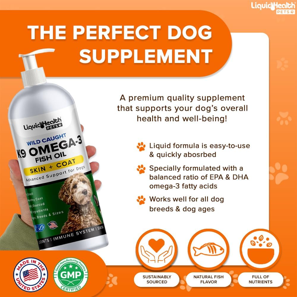 Liquid Health Pets K9 Omega 3 Fish Oil for Dogs - Liquid Omega 3 Supplement for Pets with EPA + DPA + DHA - Reduce Itching & Shedding, Support Joints, Immunity, Brain, Heart Health - USA Made (3 Pack)
