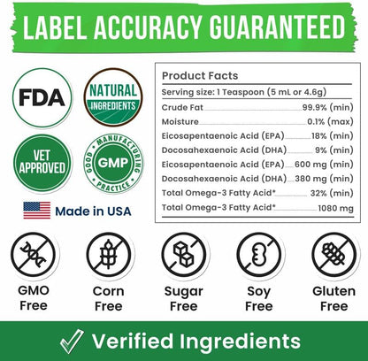 Fish Oil for Dogs & Cats - Natural Omega-3 - Skin & Coat Support - Liquid Food Supplement for Pets - Natural EPA + DHA Fatty Acids for Joint Function, Immune & Heart Health - 8 (fl oz) Salmon