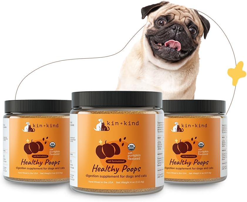 kin+kind Probiotics for Dogs - Digestive Health Support with Prebiotics & Fiber Powder - Cat and Dog Vitamins and Supplements for Gut Health, Healthy Poops & Immune Support - Made in USA - 3 x 4 oz