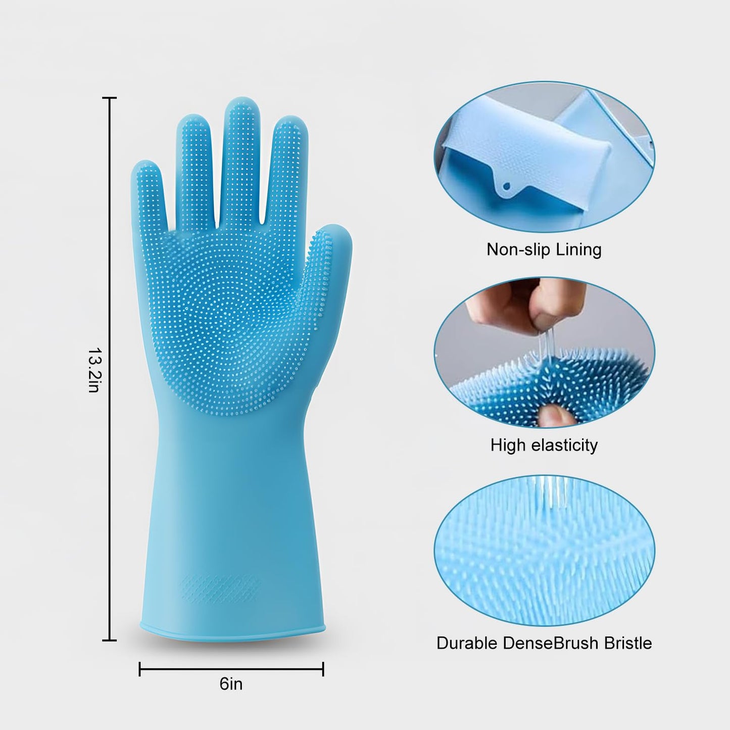 Pet Grooming Gloves, Pet Hair Remover, 2-in-1 Heat Resistant Silicone Gloves with High-Density Teeth, Enhanced Five Finger Design for Bathing, Cleaning Dishes, Cars, Dogs & Cats (Blue)