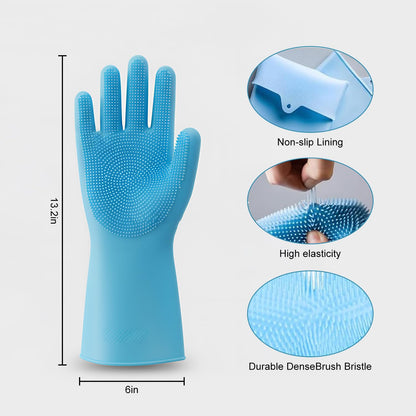 Pet Grooming Gloves, Pet Hair Remover, 2-in-1 Heat Resistant Silicone Gloves with High-Density Teeth, Enhanced Five Finger Design for Bathing, Cleaning Dishes, Cars, Dogs & Cats (Blue)
