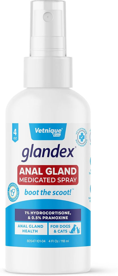 Vetnique Labs Glandex Anal Gland Medicated Spray for Dogs & Cats (4oz) and Glandex Anal Gland Hygienic Pet Wipes100 Ct Bundle, Dog Deodorizing Spray & Anti-Itch Spray, Cleaning Wipes with Fresh Scent