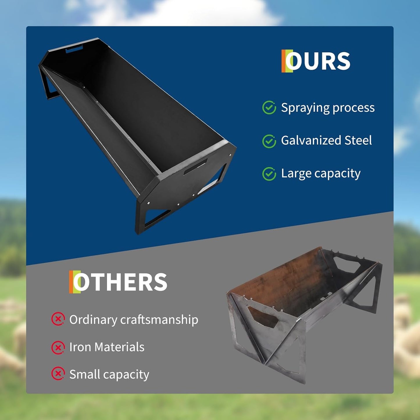 Heavy Duty 45" Steel Livestock Feeding Trough - 22 Gallon Large Capacity Feeder for Horses, Goats, Sheep, Cattle, Cows, Alpacas - Durable Hay & Water Trough for Barn or Stable Use - Black