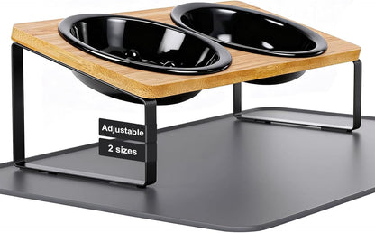 Upgraded Adjustable Height Cat Food Bowls Stand Ceramic Dog Bowls and Slow Feeder Cat Bowl, 15°Tilted Stand Anti Vomiting Raised for Small and Medium Sized Cats Dogs (Black (2 Bowl+Pet mat))